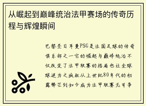从崛起到巅峰统治法甲赛场的传奇历程与辉煌瞬间