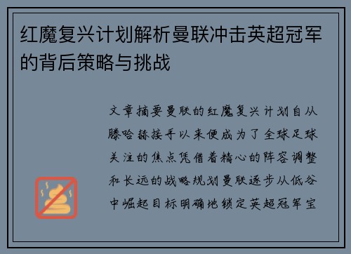 红魔复兴计划解析曼联冲击英超冠军的背后策略与挑战