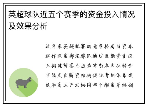 英超球队近五个赛季的资金投入情况及效果分析
